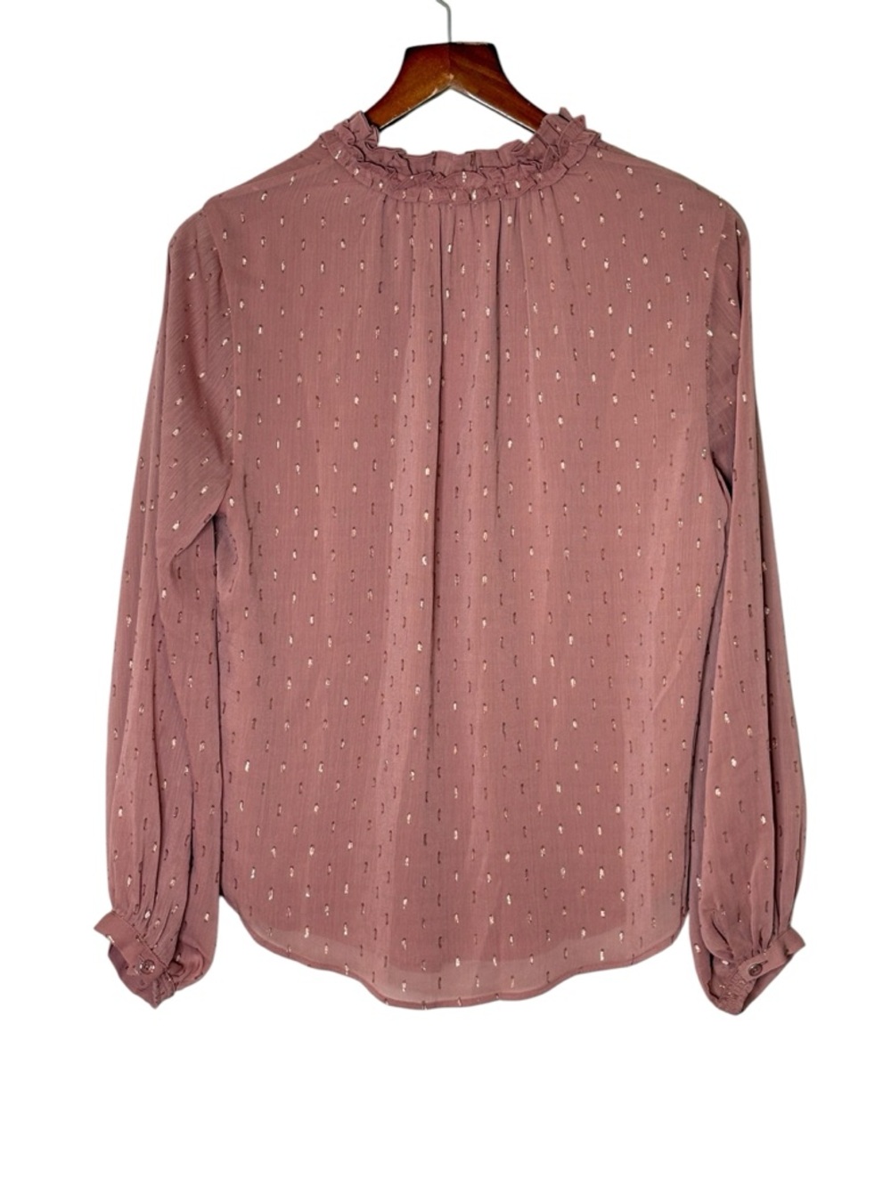 NWT Chicos Dusty Rose Metallic Clip Dot Ruffleneck Blouse • Size 1 / US M • $100 - Picture 6 of 12
